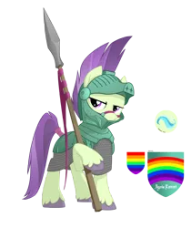 Size: 2900x3452 | Tagged: safe, artist:equestria-prevails, derpibooru import, oc, oc:diamond dust, unofficial characters only, crystal pony, pony, armor, colored hooves, cutie mark, simple background, solo, spear, transparent background