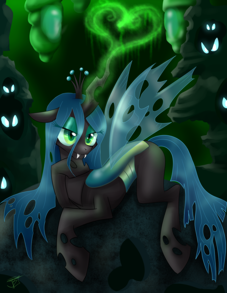 Size: 2550x3300 | Tagged: artist:jitterbugjive, changeling, changeling queen, cocoon, derpibooru import, female, heart, magic, queen chrysalis, safe