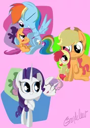 Size: 3001x4244 | Tagged: apple bloom, applejack, applelove, artist:grendeleev, cutie mark crusaders, derpibooru import, noogie, ponies riding ponies, rainbow dash, rarity, safe, scootaloo, scootalove, sisters, sweetie belle, sweetielove