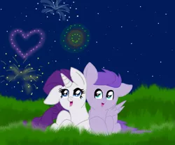 Size: 923x768 | Tagged: safe, artist:dewdrop-210, derpibooru import, rarity, oc, oc:kydose, pegasus, pony, unicorn, canon x oc, fireworks, grass, heart, love, night, raridose, shipping