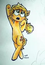 Size: 510x725 | Tagged: safe, artist:danadyu, derpibooru import, applejack, pony, bipedal, solo, traditional art