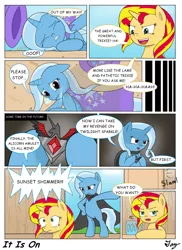 Size: 1200x1650 | Tagged: safe, artist:tikyotheenigma, derpibooru import, sunset shimmer, trixie, pony, alicorn amulet, alternate universe, cape, clothes, comic, crying, hat, impact, revenge, this will end in tears