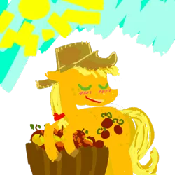 Size: 500x500 | Tagged: safe, artist:celestiawept, derpibooru import, applejack, earth pony, pony, apple, apple barrel, eyes closed, food, head turn, simple, solo, sun