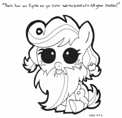 Size: 1032x1000 | Tagged: safe, artist:abronyaccount, derpibooru import, applejack, pony, baby, baby pony, babyjack, beard, diaper, filly, foal, lineart, monochrome, sitting, solo