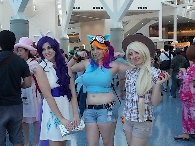 Size: 640x480 | Tagged: anime expo, applejack, artist:agentt3xas, artist:geekeryandsuch, artist needed, artist:unkcos8, belly, belly button, convention, cosplay, derpibooru import, human, irl, irl human, midriff, photo, rainbow dash, rarity, safe