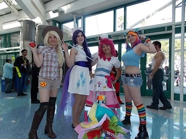 Size: 640x480 | Tagged: anime expo, applejack, artist:agentt3xas, artist:geekeryandsuch, artist needed, artist:rmtakesover, artist:unkcos8, belly button, convention, cosplay, derpibooru import, human, irl, irl human, measuring tape, muffin top, party cannon, photo, pinkie pie, rainbow dash, rarity, safe