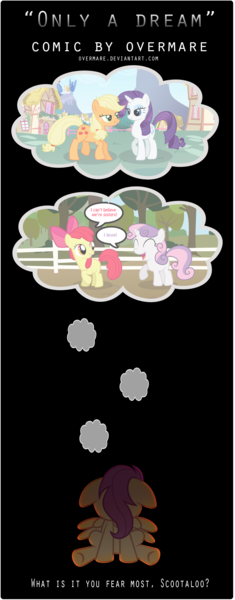 Size: 890x2272 | Tagged: safe, artist:overmare, derpibooru import, apple bloom, applejack, rarity, scootaloo, sweetie belle, female, lesbian, rarijack, sad, scootalone, shipping, sisters