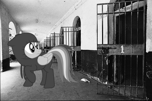 Size: 500x333 | Tagged: alcatraz, artist:snakeman1992, bars, black and white, derpibooru import, grayscale, irl, ninja, photo, ponies in real life, prison, rainbow dash, safe, solo, vector