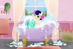 Size: 800x540 | Tagged: safe, artist:cherrypaintpony, derpibooru import, bon bon, lyra heartstrings, sweetie drops, earth pony, pony, unicorn, adorabon, bath, bathtub, bipedal, bubble, bubble bath, claw foot bathtub, cute, eyes closed, female, happy, leaning, lesbian, lyrabetes, lyrabon, mare, mutual bathing, open mouth, pampering, relaxed, relaxing, shipping, smiling, soap, washing, water, wet mane