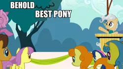 Size: 960x540 | Tagged: behold, best pony, caramel, carrot top, derpibooru import, edit, edited screencap, exploitable, forced meme, golden harvest, lemon hearts, mayor mare, meme, parasol, safe, screencap, template, the last roundup