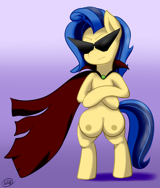 Size: 1280x1507 | Tagged: questionable, artist:ookamithewolf1, derpibooru import, oc, oc:milky way, unofficial characters only, pony, bipedal, cape, clothes, crossover, crotchboobs, female, impossibly large crotchboobs, kamina sunglasses, mare, nipples, nudity, solo, solo female, sunglasses, tengen toppa gurren lagann