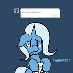 Size: 1000x1000 | Tagged: safe, artist:fauxsquared, derpibooru import, trixie, pony, unicorn, ask, crying, female, ice cream, mare, sad, solo, trixie is magic, tumblr