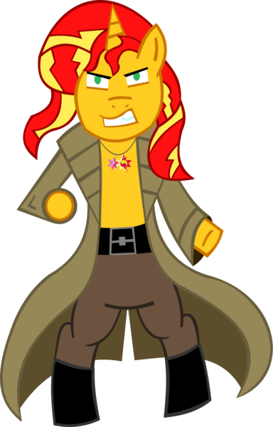 Size: 880x1375 | Tagged: safe, artist:jewelsfriend, derpibooru import, sunset shimmer, ponified, pony, bipedal, clothes, crossover, konami, liquid snake, metal gear, solo, trenchcoat