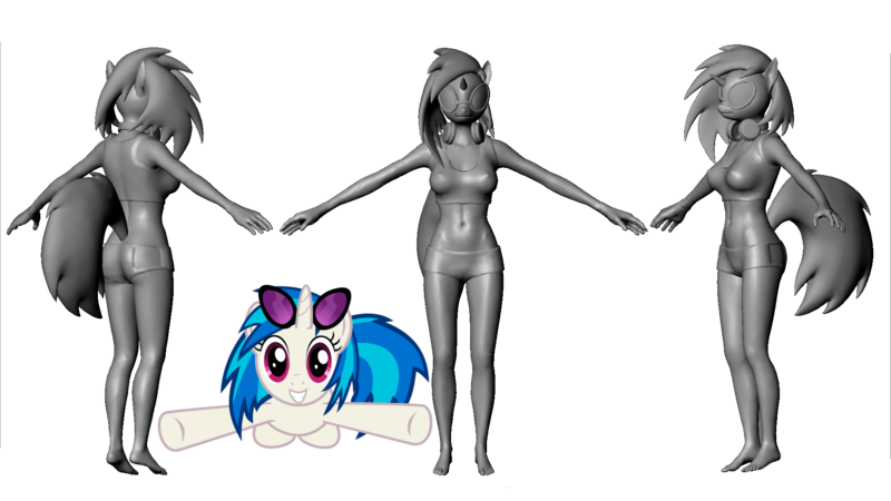 Size: 1920x1080 | Tagged: suggestive, derpibooru import, vinyl scratch, anthro, pony, unicorn, 3d, anthro with ponies, belly button, breasts, clothes, fallout: new vegas, female, headphones, hooves, horn, kuroitsune, mare, model, no textures, prototype, simple background, smiling, solo, sunglasses, teeth, transparent background, underwear, vector, wip