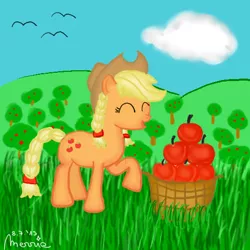 Size: 512x512 | Tagged: alternate hairstyle, apple, applejack, artist:merrie162, basket, braid, bushel basket, derpibooru import, eyes closed, grass, happy, raised hoof, safe, solo