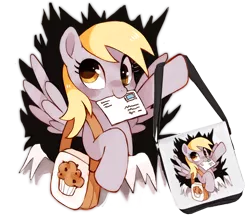 Size: 688x602 | Tagged: safe, artist:suikuzu, derpibooru import, derpy hooves, pegasus, pony, bag, female, fourth wall, letter, mail, mare, messenger bag, mouth hold, muffin, solo