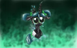 Size: 1200x750 | Tagged: artist:tigersiil, bow, changeling, changeling queen, crown, crying, cute, cutealis, derpibooru import, diaper, female, filly, filly queen chrysalis, foal, hair bow, jewelry, nymph, pigtails, queen chrysalis, regalia, sad, sadorable, safe, solo, tail bow, younger