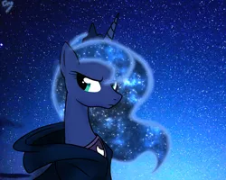 Size: 1500x1200 | Tagged: safe, artist:blackbasscry, derpibooru import, edit, princess luna, alicorn, pony, bust, clothes, crown, ethereal mane, female, frown, galaxy mane, hood, hoodie, horn, jewelry, mare, necklace, regalia, sky, solo, stars