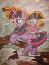 Size: 774x1032 | Tagged: safe, artist:recycledrapunzel, derpibooru import, spike, twilight sparkle, dragon, pony, bridle, classic art, cloak, clothes, dragons riding ponies, fine art parody, frown, hat, napoleon bonaparte, napoleon crossing the alps, parody, raised eyebrow, rearing, reins, riding, saddle, smiling, traditional art, unamused