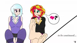 Size: 1920x1080 | Tagged: artist:bronypanda, barefoot, boots, breasts, derpibooru import, feet, female, foot fetish, heart, human, humanized, lesbian, source needed, speech bubble, suggestive, sunset shimmer, suntrix, trixie