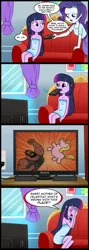 Size: 713x2000 | Tagged: safe, artist:madmax, derpibooru import, edit, rarity, twilight sparkle, human, pig pony, equestria girls, action hank, comic, dexter's laboratory, mother of celestia, mouth hold, pony (sony), remote control, television, towel, what's wrong with this place