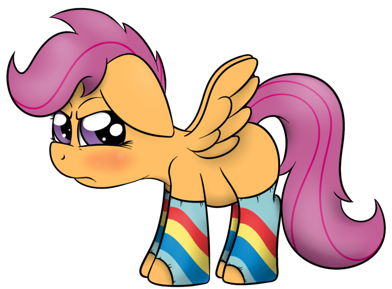 Size: 1519x1121 | Tagged: artist:thexiiilightning, blushing, clothes, cute, derpibooru import, grumpy, safe, scootaloo, socks, solo, striped socks