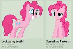 Size: 386x258 | Tagged: derpibooru import, deviantart, exploitable meme, grin, juxtaposition, juxtaposition win, meme, meta, pinkie pie, safe