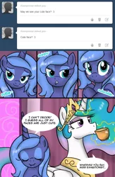 Size: 650x1000 | Tagged: artist:pijinpyon, ask, ask little luna, bedroom eyes, blushing, cute, derpibooru import, eyes closed, eyeshadow, facial expressions, looking at you, lunabetes, magic, :o, princess celestia, princess luna, s1 luna, safe, smiling, tea, telekinesis, tumblr, unamused