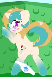 Size: 1625x2400 | Tagged: suggestive, artist:starlightlore, derpibooru import, oc, oc:sunset rose, unofficial characters only, pony, unicorn, bipedal, bipedal leaning, blushing, clothes, female, hedge, leaning, looking at you, looking back, panties, panties around leg, plot, solo, solo female, underwear