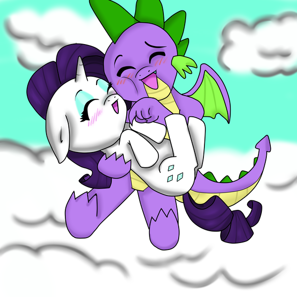 Size: 4000x4000 | Tagged: safe, artist:wickedsilly, derpibooru import, rarity, spike, blushing, cloud, cloudy, cute, female, interspecies, male, shipping, sparity, straight, teenage spike, winged spike, wings