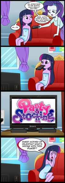 Size: 713x2000 | Tagged: safe, artist:madmax, derpibooru import, edit, rarity, twilight sparkle, equestria girls, comic, exploitable meme, meme, panty and stocking with garterbelt, tv meme, what's wrong with this place