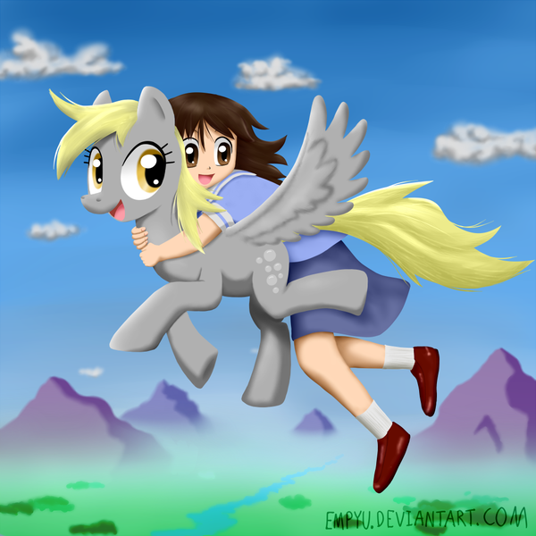 Size: 1000x1000 | Tagged: artist:empyu, azumanga daioh, derpibooru import, derpy hooves, flying, human, incorrect leg anatomy, kasuga ayumu, osaka, safe