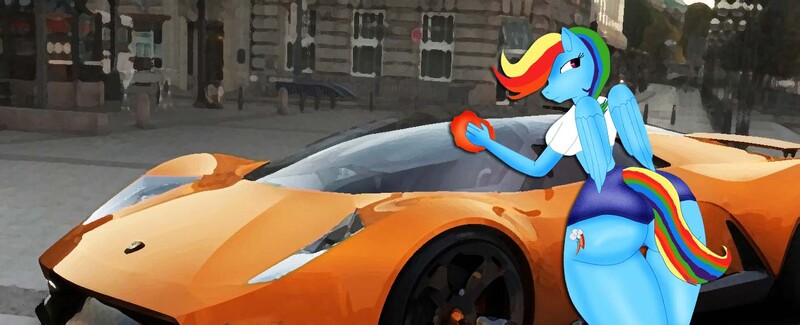 Size: 1412x573 | Tagged: anthro, ass, breasts, car, derpibooru import, female, hypercar, lamborghini, rainbow dash, solo, solo female, suggestive, supercar