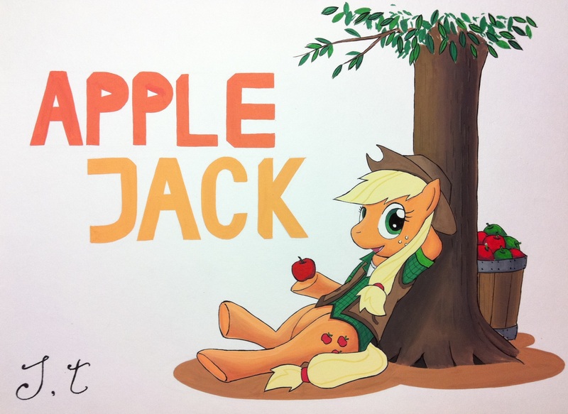 Size: 2428x1768 | Tagged: applejack, artist:jet-ann, clothes, derpibooru import, relaxing, safe, solo, traditional art, tree, underhoof