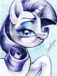 Size: 751x1000 | Tagged: artist:carlotta-guidicelli, bedroom eyes, derpibooru import, looking at you, portrait, profile, raised hoof, rarity, safe, smiling, solo, traditional art