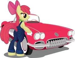 Size: 1364x1052 | Tagged: safe, artist:drawponies, artist:jakage, derpibooru import, apple bloom, pony, bipedal, car, chevrolet, chevrolet corvette, clothes, corvette, corvette c1, overalls, solo