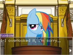 Size: 256x192 | Tagged: ace attorney, courtroom, derpibooru import, parody, rainbow dash, safe, solo, trial, witness stand