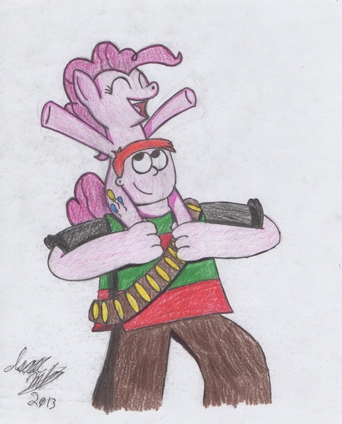 Size: 802x997 | Tagged: artist:ikemtz16, cowboy, derpibooru import, piggyback ride, pinkie pie, safe, the thoughts that count