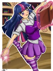 Size: 1024x1365 | Tagged: artist:true-artist-mas, book, clothes, derpibooru import, humanized, library, magic, nail polish, safe, skirt, socks, solo, striped socks, twilight sparkle