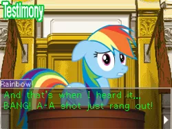 Size: 256x192 | Tagged: ace attorney, courtroom, derpibooru import, rainbow dash, safe, solo, testimony, trial, witness stand