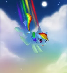 Size: 2192x2391 | Tagged: safe, artist:jacky-bunny, derpibooru import, rainbow dash, cloud, flying, moon, night, night sky, open mouth, rainbow trail, sky, solo, spread wings, starry night, wings