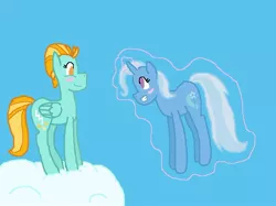 Size: 802x599 | Tagged: artist:tape63, blushing, cloud, female, lesbian, levitation, lightning dust, looking at each other, on a cloud, safe, shipping, sky, smiling, trixie, trixiedust