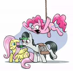 Size: 1060x1031 | Tagged: andrea libman, artist:pedantia, derpibooru import, everfree northwest, fluttershy, microphone, mouth hold, oc, oc:front page, pinkie pie, rope, safe