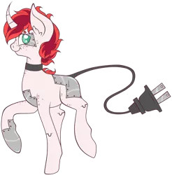 Size: 886x902 | Tagged: safe, artist:legalese, derpibooru import, oc, unofficial characters only, cyborg, unicorn, augmented tail, charging, plug, solo