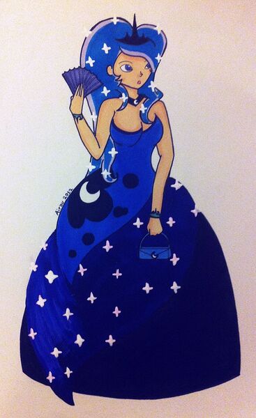 Size: 717x1172 | Tagged: artist:airyu, clothes, derpibooru import, dress, fan, humanized, princess luna, purse, safe, solo, traditional art