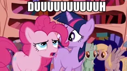 Size: 640x360 | Tagged: safe, derpibooru import, edit, edited screencap, screencap, cloud kicker, derpy hooves, lyra heartstrings, pinkie pie, twilight sparkle, pegasus, pony, friendship is magic, caption, duh, female, frown, image macro, mare, open mouth