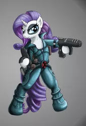 Size: 600x876 | Tagged: safe, artist:xnosidex, derpibooru import, rarity, pony, bipedal, crossover, domino, gun, solo, x-men