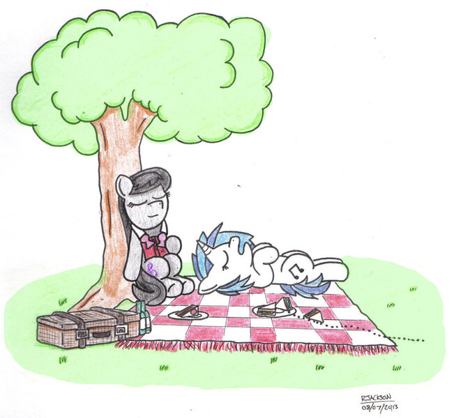 Size: 931x858 | Tagged: safe, artist:bobthedalek, derpibooru import, octavia melody, vinyl scratch, earth pony, pony, unicorn, ants, blanket, book, cake, cute, duo, female, picnic, picnic basket, picnic blanket, sandwich, sleeping