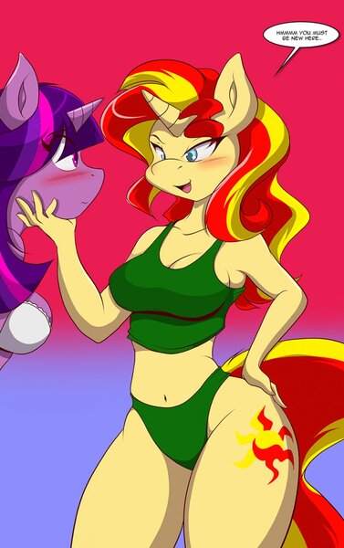 Size: 804x1280 | Tagged: suggestive, artist:mastergodai, derpibooru import, sunset shimmer, twilight sparkle, twilight sparkle (alicorn), anthro, belly button, bra, breasts, busty sunset shimmer, cleavage, clothes, female, lesbian, panties, shipping, sunsetsparkle, thong, underwear, wide hips