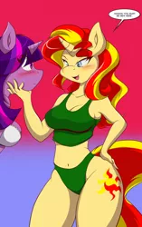 Size: 804x1280 | Tagged: suggestive, artist:mastergodai, derpibooru import, sunset shimmer, twilight sparkle, twilight sparkle (alicorn), anthro, belly button, bra, breasts, busty sunset shimmer, cleavage, clothes, female, lesbian, panties, shipping, sunsetsparkle, thong, underwear, wide hips